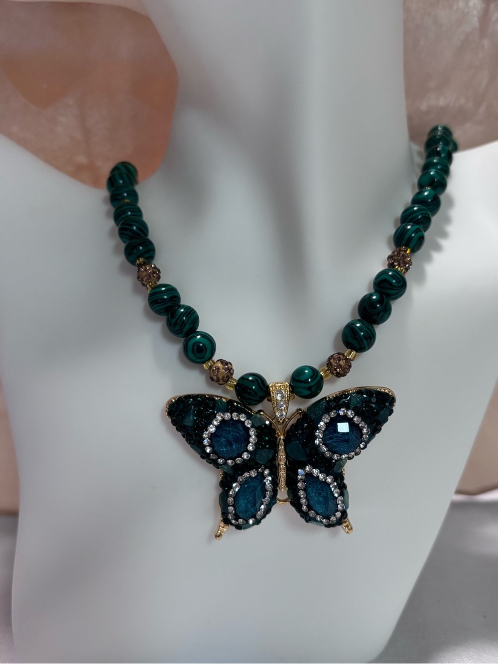 Emerald Green Butterfly Beaded Necklace- Hand Made